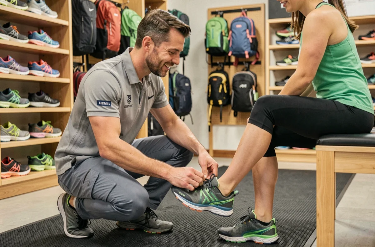 Conseiller spécialisé en trail running aidant une cliente à essayer des chaussures de trail en magasin
