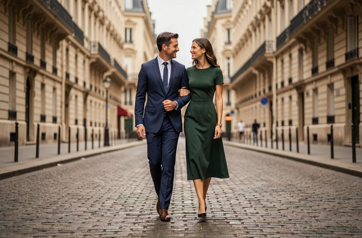 Couple élégant se promenant dans les rues de Paris, évoquant la vie privée et le couple d'une personnalité médiatique française