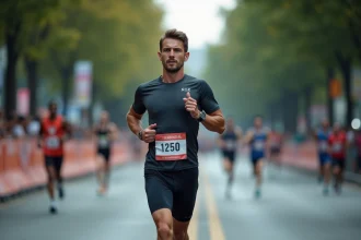 Coureur de marathon masculin en plein effort lors d'une course sur route urbaine, visant un temps sous les 4 heures