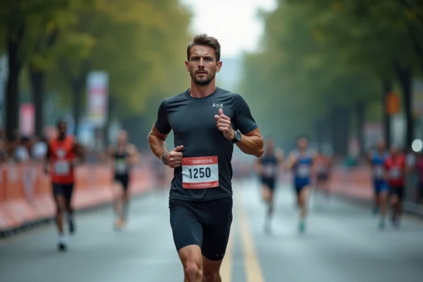 Coureur de marathon masculin en plein effort lors d'une course sur route urbaine, visant un temps sous les 4 heures