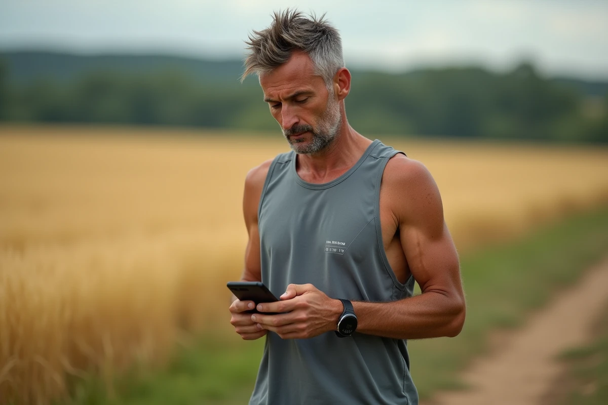 Coureur en milieu rural analysant ses données de vitesse en km/h et allure min/km sur smartphone