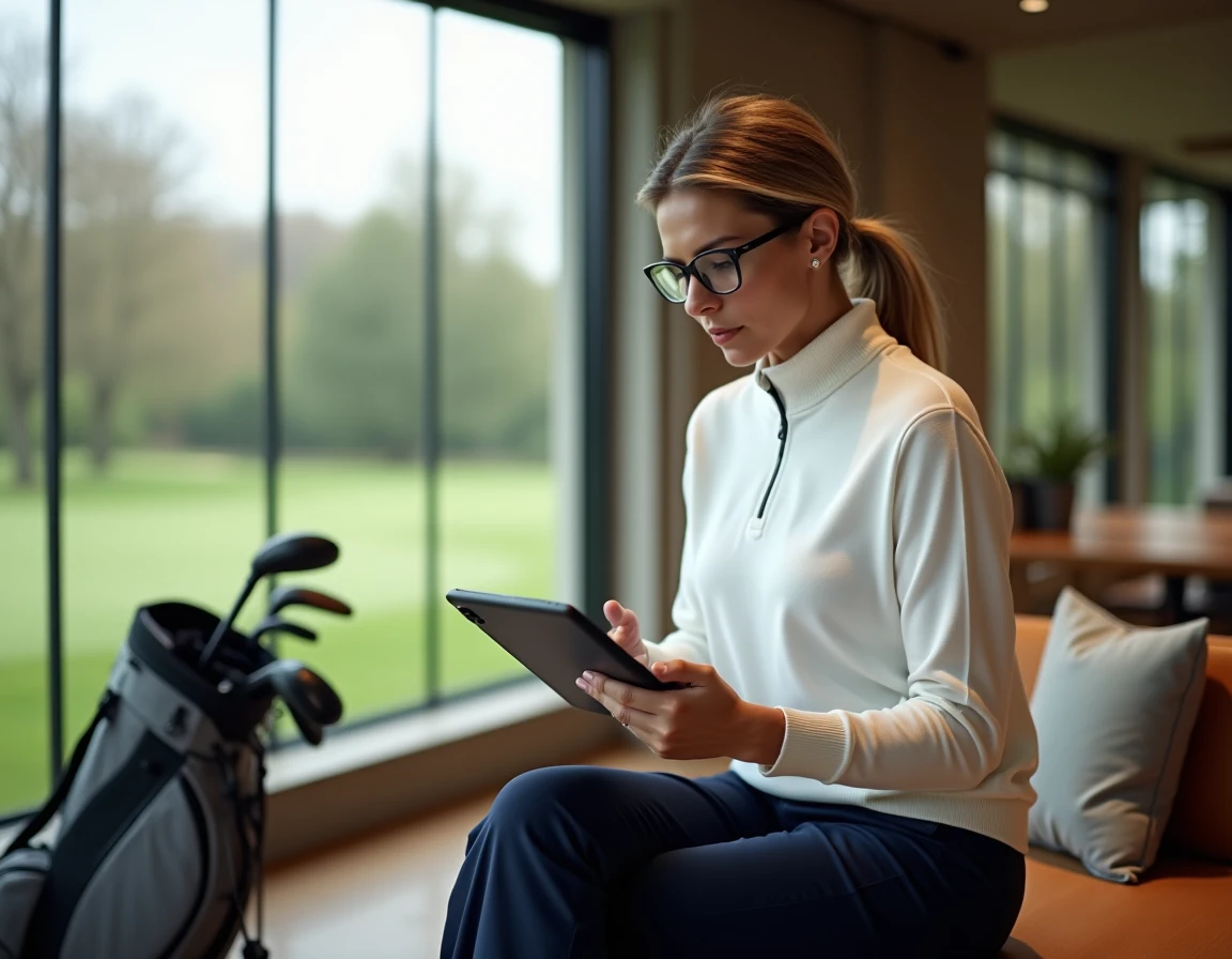 Femme consultant un cours de golf en ligne sur une tablette dans le salon d'un club de golf moderne près de Paris