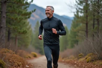 Homme souriant en course trail dans la forêt