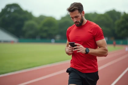 Homme sportif en course sur piste urbaine avec smartphone