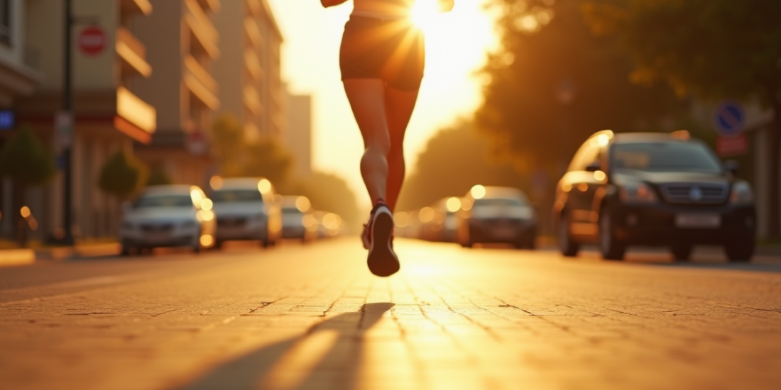 Courseur courant sur trottoir en ville au matin