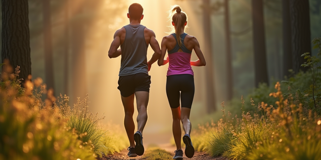 Homme et femme courant dans la forêt au matin