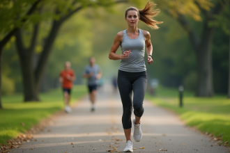 Femme en course à pied dans un parc verdoyant