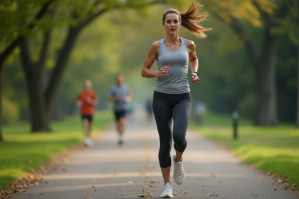 Femme en course à pied dans un parc verdoyant