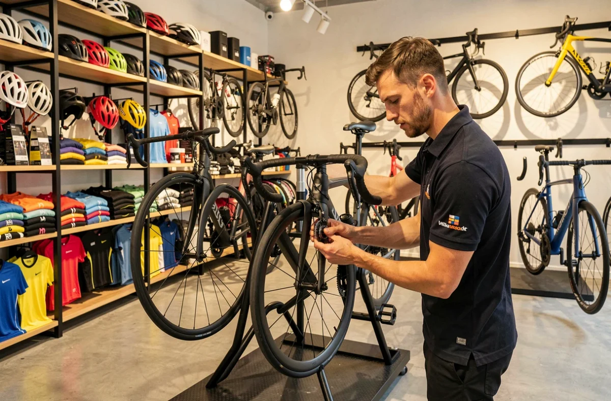 Technicien vélo réglant un dérailleur dans le magasin Culture Vélo du 12ème arrondissement de Paris