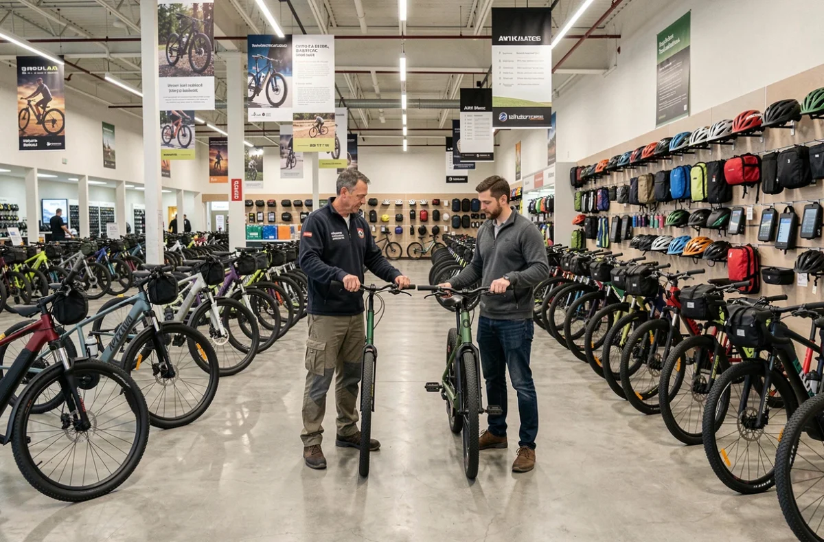 Expert vélo conseillant un client dans le grand showroom Cyclable, spécialiste du vélo en Île-de-France