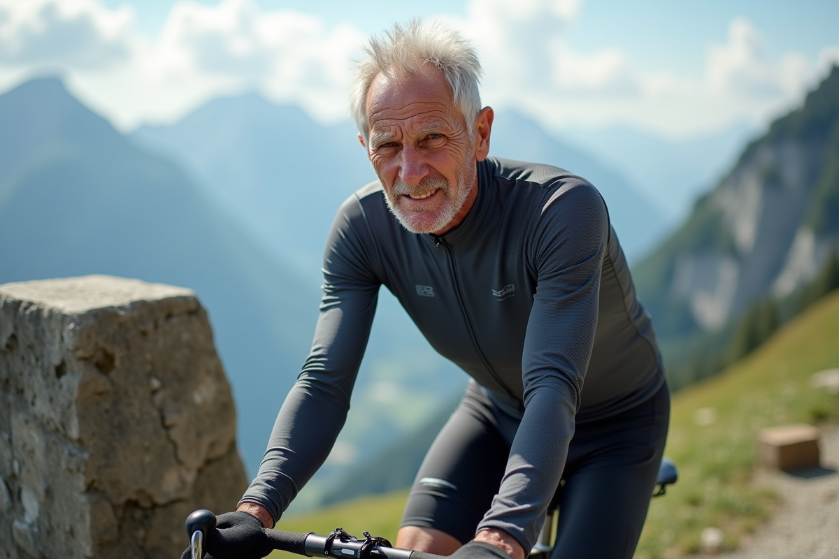 Cycliste homme fatigué au sommet d un col de montagne