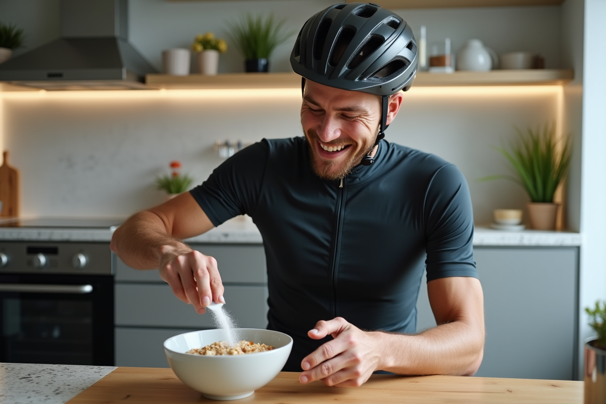 Cycliste en cuisine préparant son petit déjeuner sportif