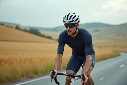 Cycliste sur un vélo de route RCR pro Van Rysel en pleine sortie d'entraînement sur route de campagne française