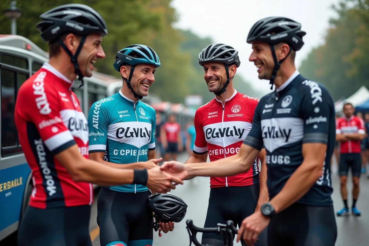 Groupe de cyclistes professionnels de différentes équipes échangeant lors d'une course, illustrant les mouvements du marché des transferts 2026