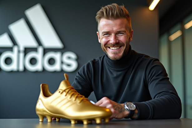 David Beckham souriant signant une botte d or avec logo adidas