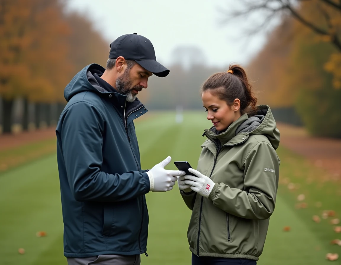 Deux golfeurs débutants consultant une application de golf sur smartphone sur un parcours compact en Île-de-France en automne