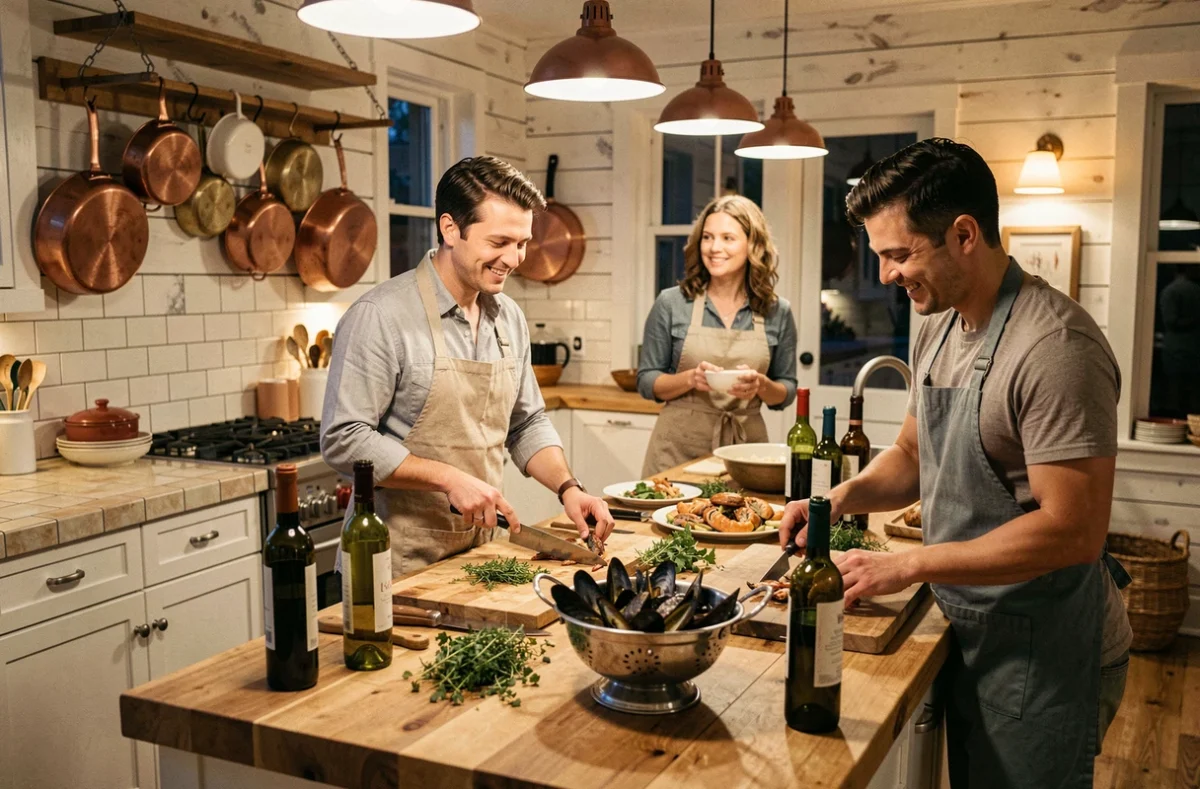 Amis préparant un dîner de fruits de mer ensemble dans une maison de vacances à Montalivet le soir