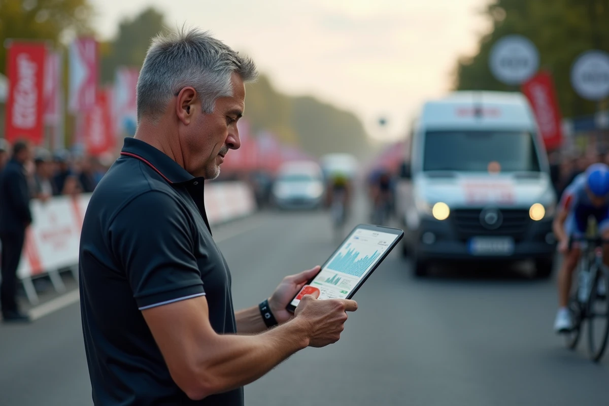 Directeur sportif cyclisme analysant les données de transferts 2026 sur une tablette près d'une voiture d'équipe lors d'une course professionnelle