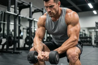 Homme musclé en position de départ du dumbbell snatch tenant un haltère lourd en salle de sport