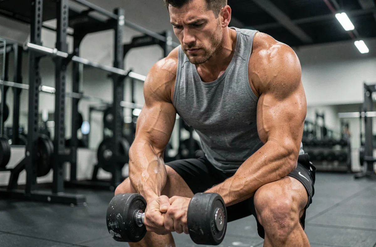 Homme musclé en position de départ du dumbbell snatch tenant un haltère lourd en salle de sport