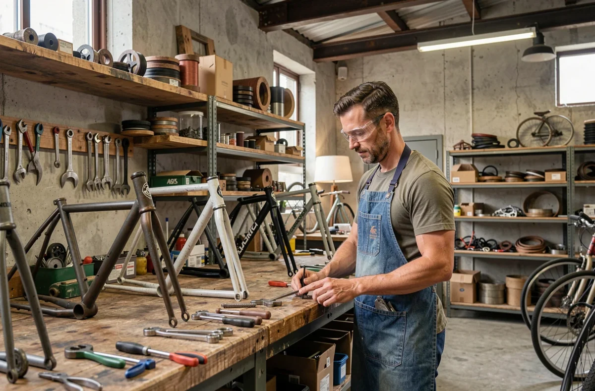 Mécanicien réparant un vélo reconditionné dans l'atelier écologique Ecox en Île-de-France