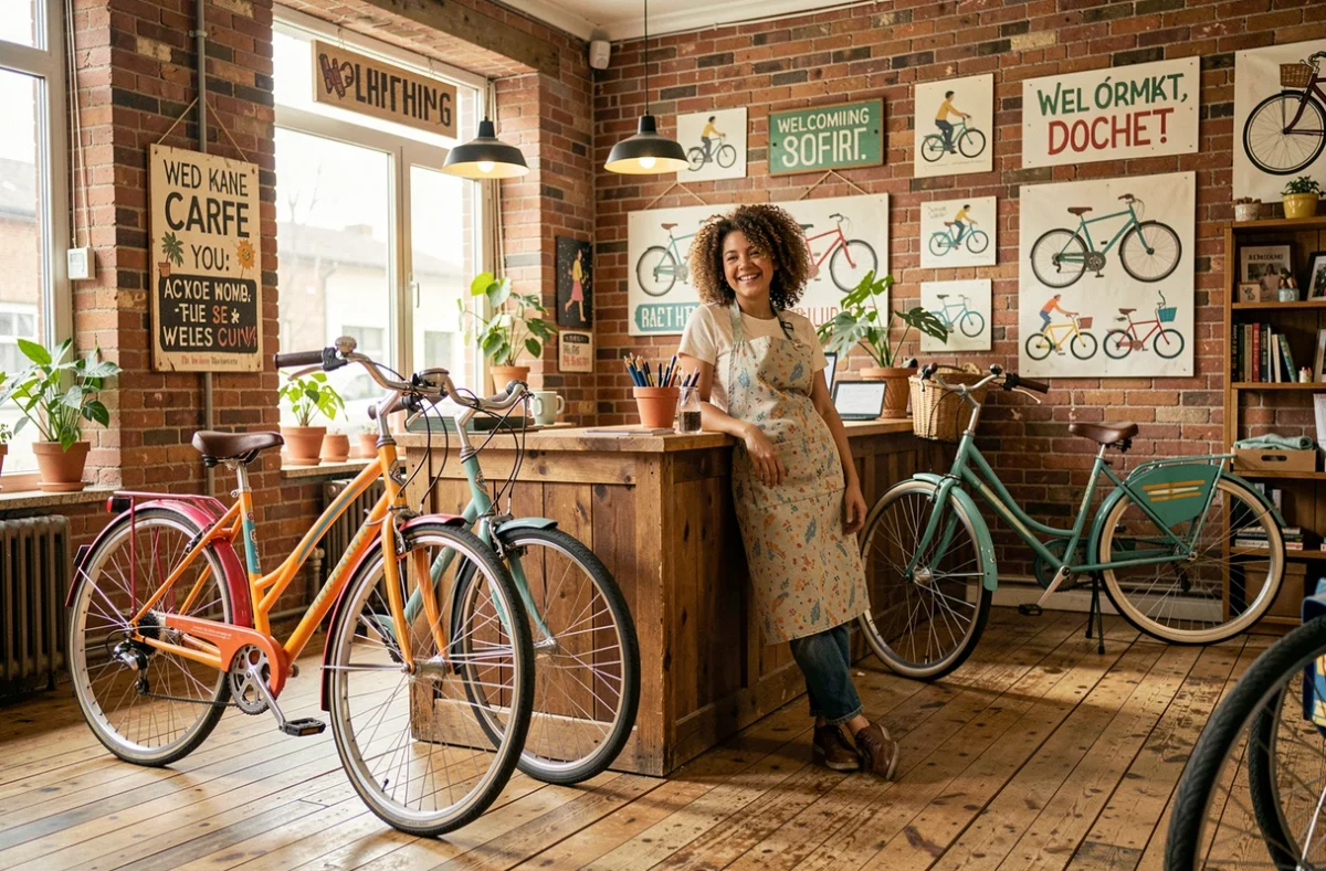 Propriétaire souriante dans la boutique En Selle Marcel, entourée de vélos colorés et d'une décoration artisanale