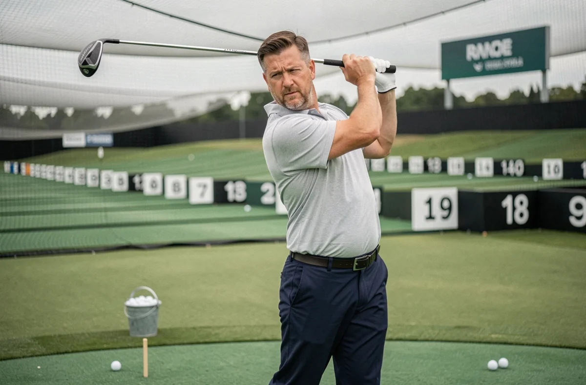 Golfeur masculin en train de s'entraîner sur un practice de golf avec des alvéoles numérotées en arrière-plan