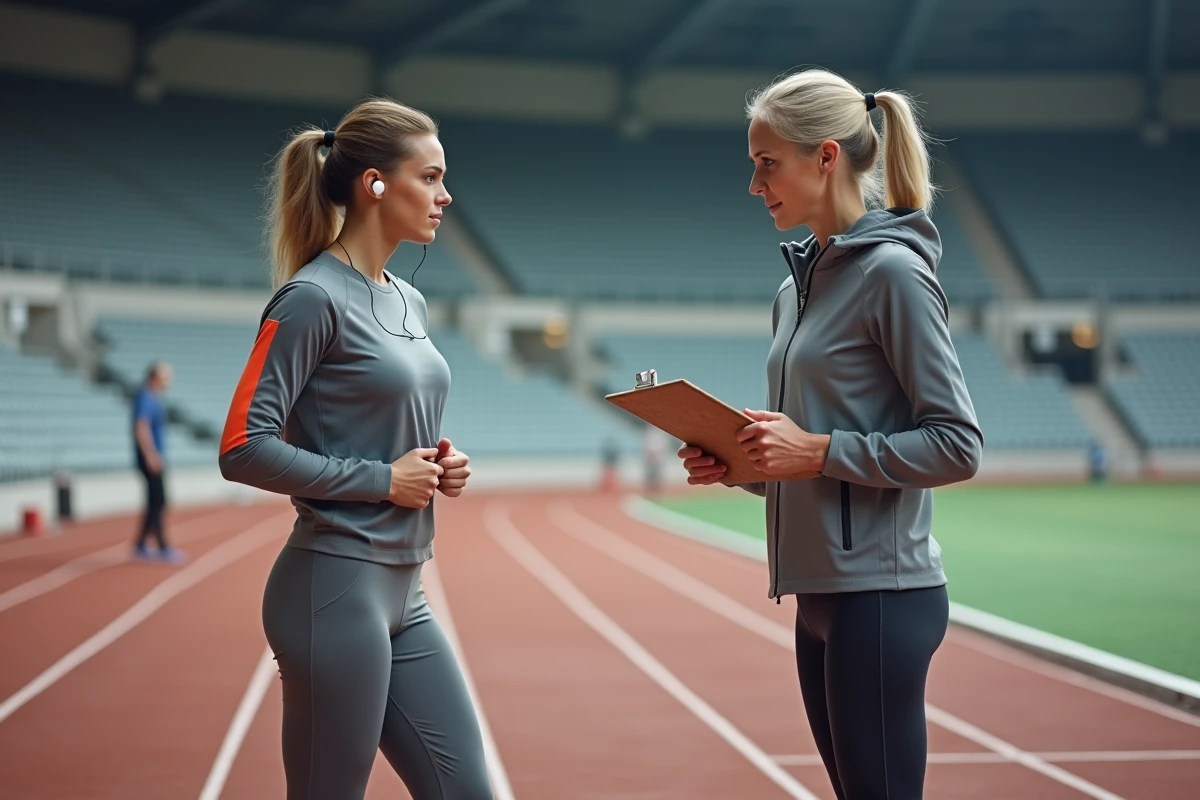 Entraîneuse et sprinteuse analysant les chronos d'entraînement à l'arrivée d'une piste d'athlétisme indoor après une séance de sprint