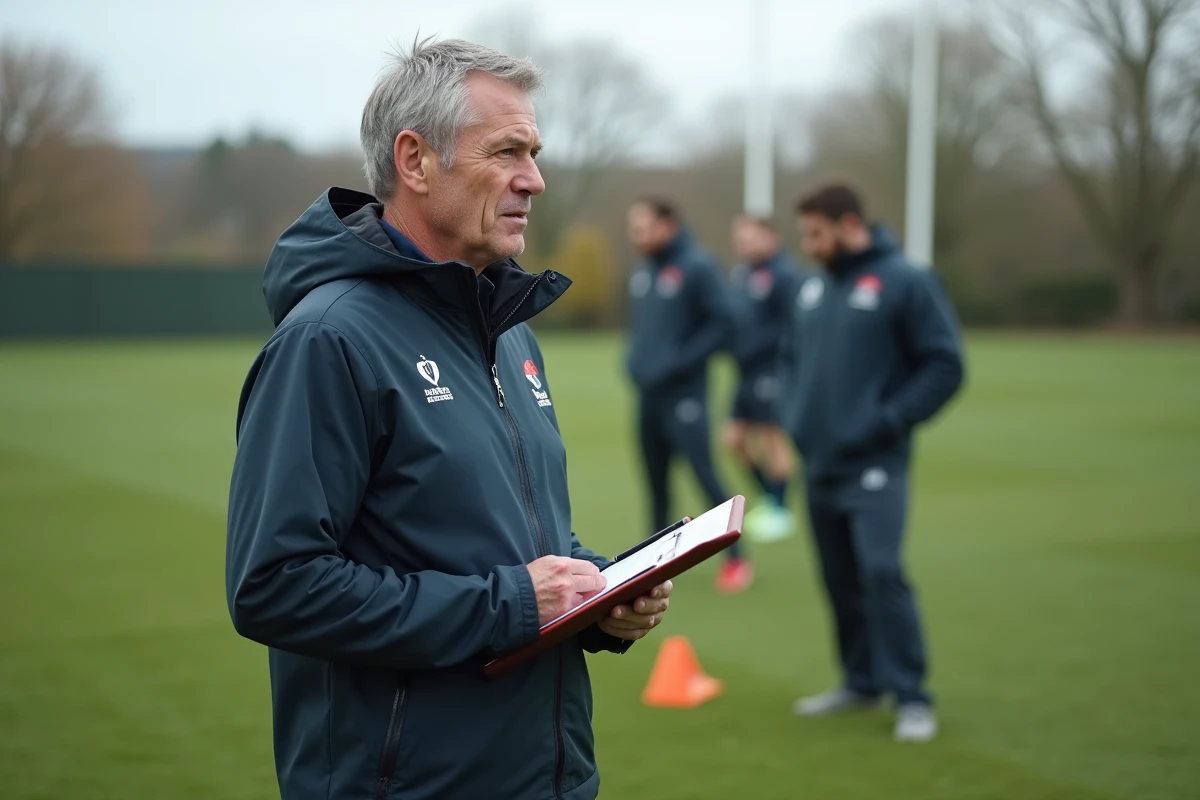 Entraîneur de rugby Fédérale 2 en bord de terrain avec clipboard, supervisant une séance d'entraînement