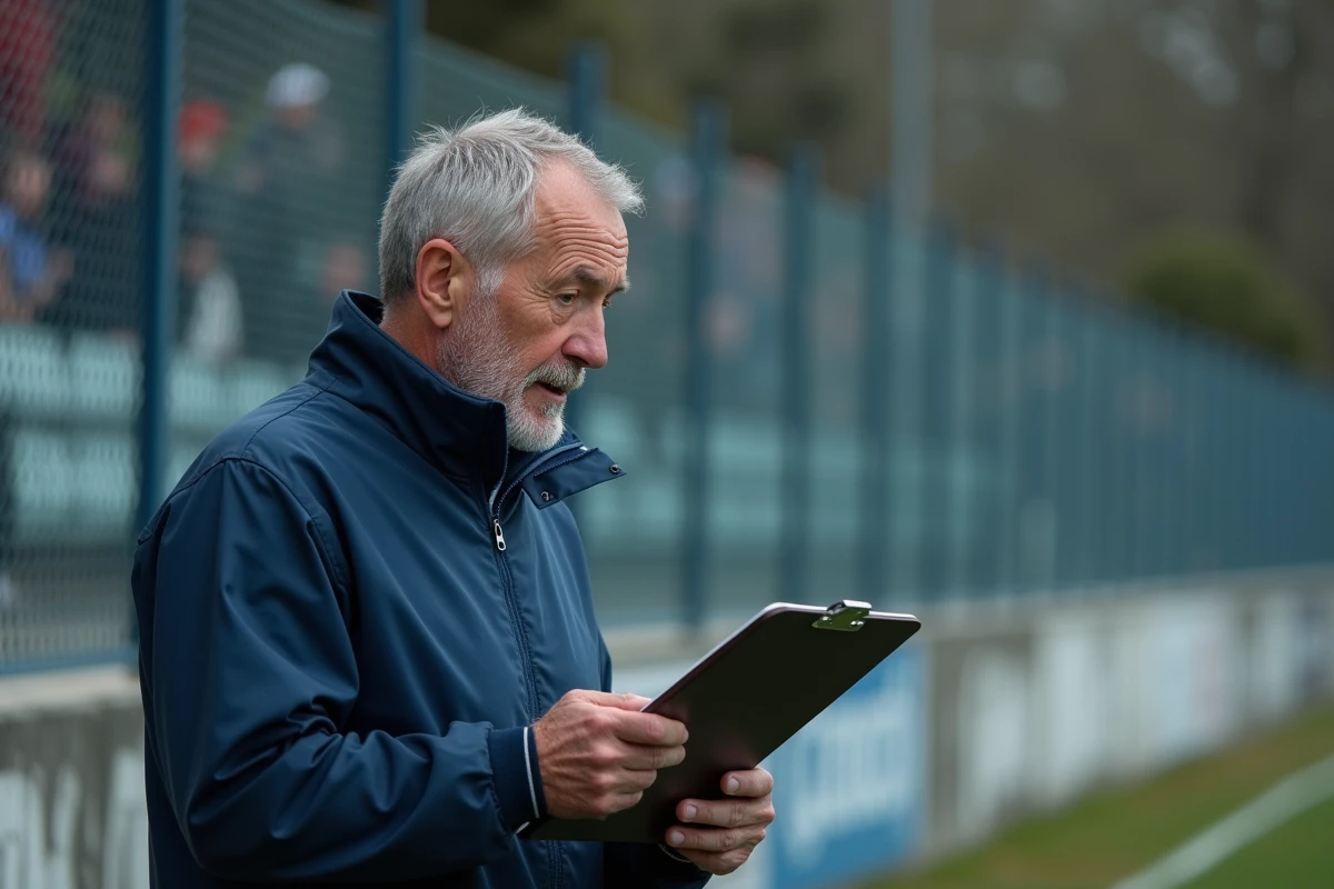 Entraîneur de football analysant une rencontre à l'extérieur lors d'un déplacement en Dordogne