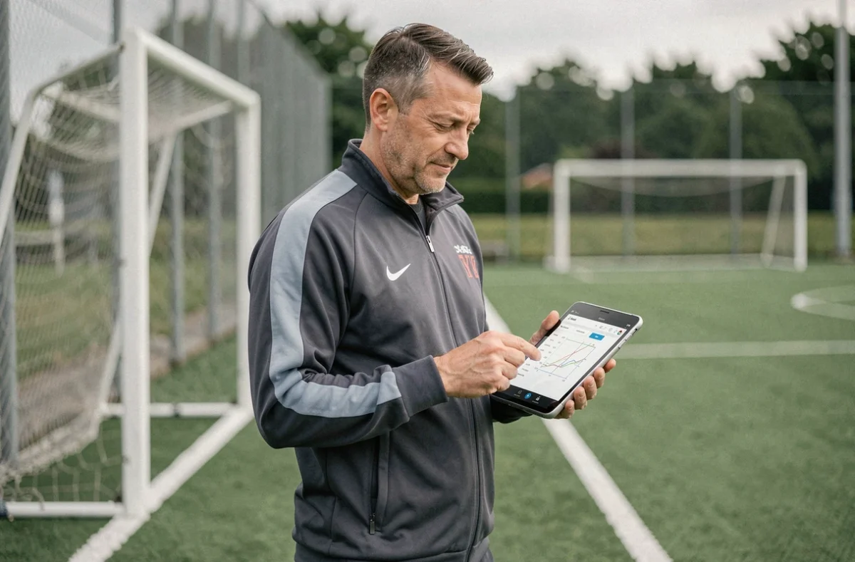 Entraîneur de football amateur consultant un planning numérique sur une tablette au bord du terrain
