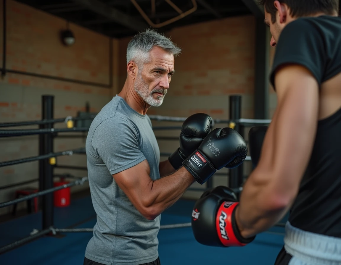 Entraîneur expérimenté de boxe thaï tenant les pattes d'ours dans un coin de ring, regard analytique révélant l'expertise d'un champion