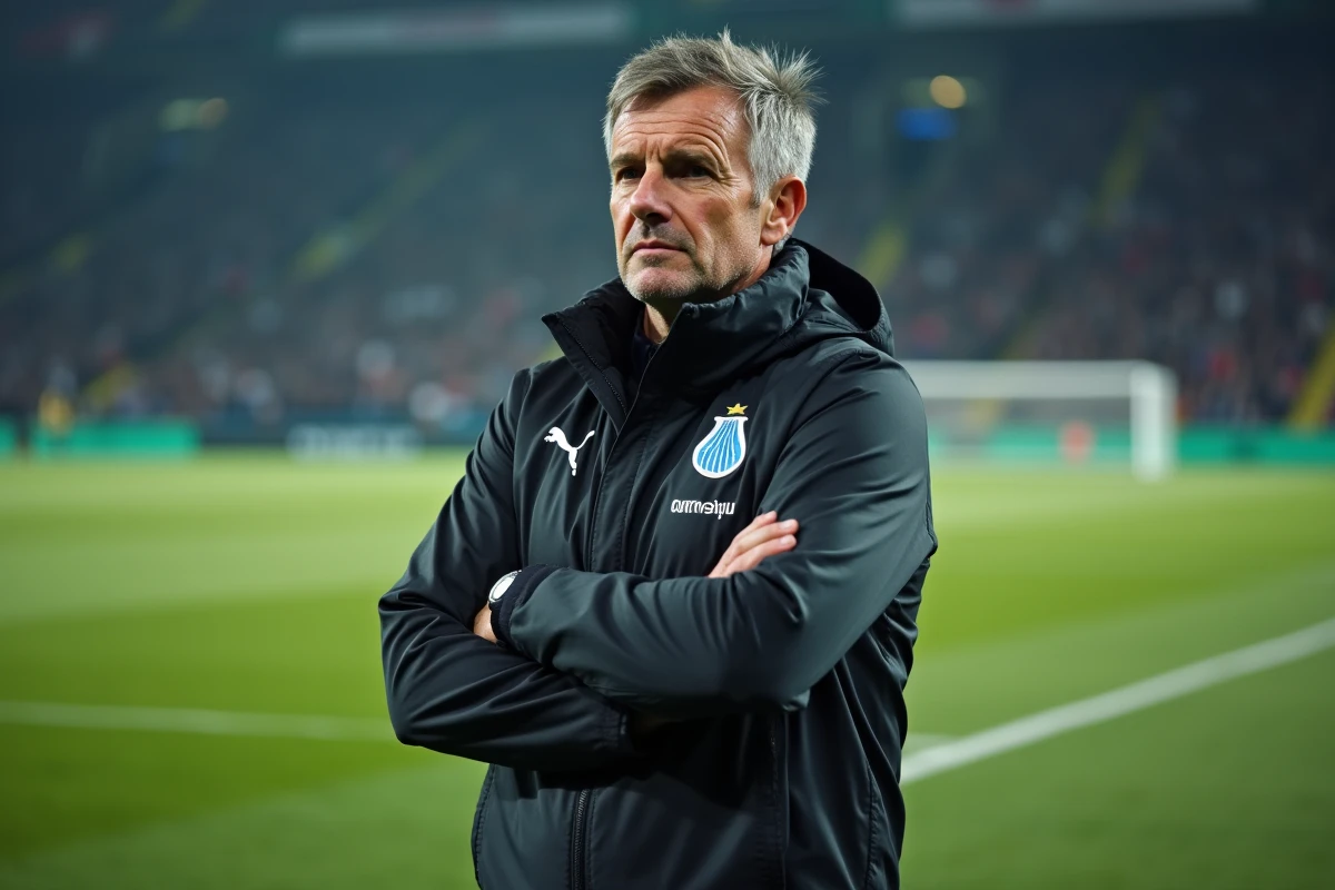 Entraîneur de l'OM pensif en bord de terrain après un match difficile lors de la saison 2026