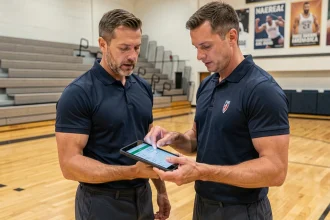 Entraîneur sportif consultant un plan de préparation physique sur tablette dans une salle de sport professionnelle