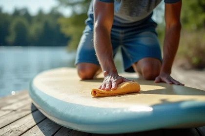 Homme essuyant et entretenant son stand-up paddleboard avec un chiffon en microfibre sur une terrasse en bois au bord d'un lac