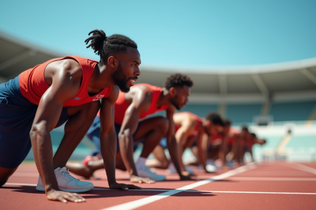Groupe de sprinteurs d'élite au départ dans un stade moderne