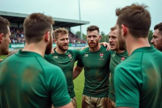 Équipe de rugby Fédérale 2 en cercle avant le match, joueurs concentrés sur un terrain régional