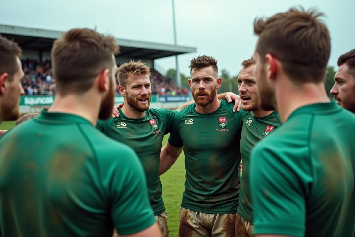 Équipe de rugby Fédérale 2 en cercle avant le match, joueurs concentrés sur un terrain régional
