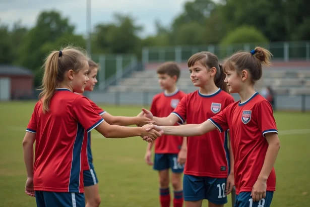 Jeunes joueurs de football se serrant la main après un match
