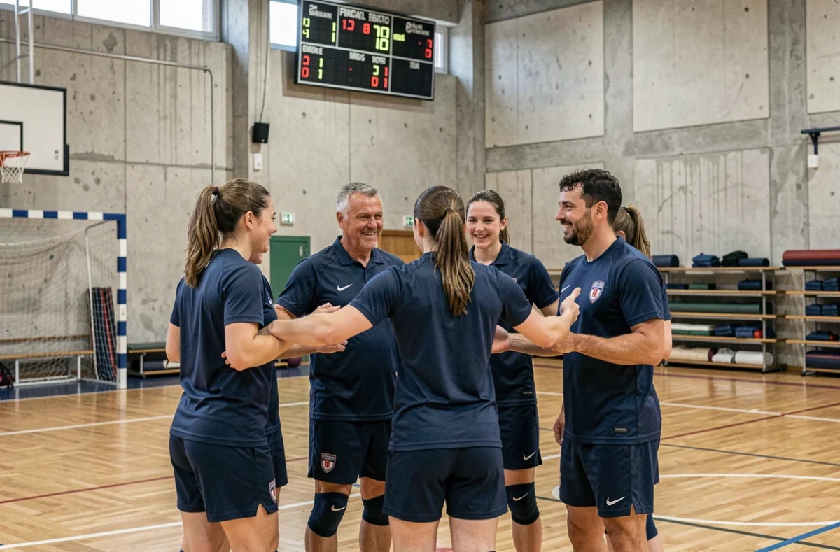 Groupe de joueurs de handball en cercle lors d'un entraînement dans un complexe sportif portugais, portant des maillots bleu marine avec un écusson de club