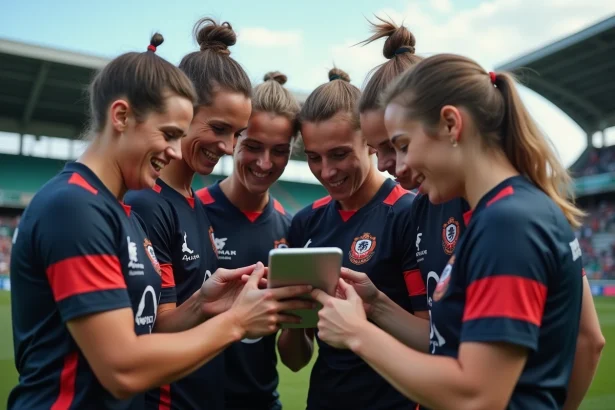 Groupe de joueurs de rugby en pleine action avec tablette
