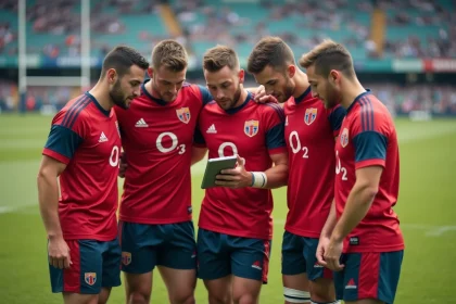 Groupe de joueurs de rugby en pleine action lors d'un match