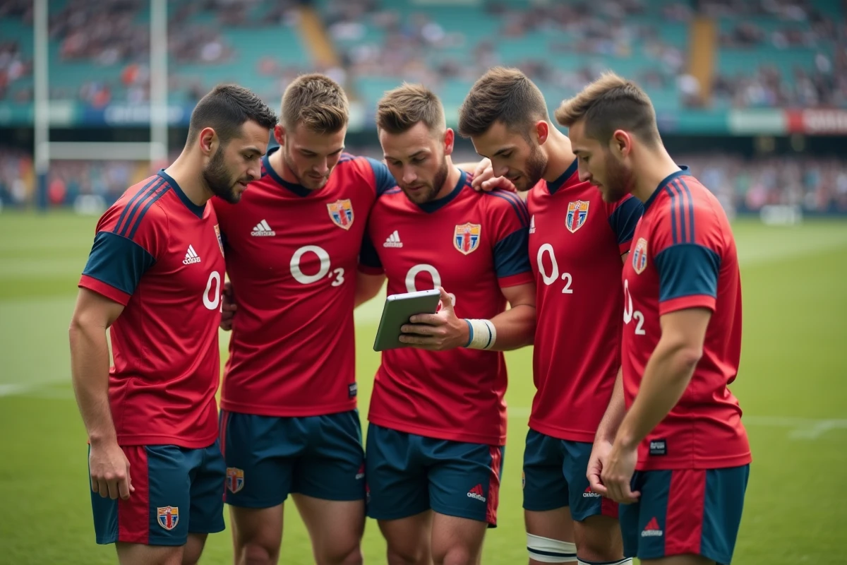 Groupe de joueurs de rugby en pleine action lors d'un match