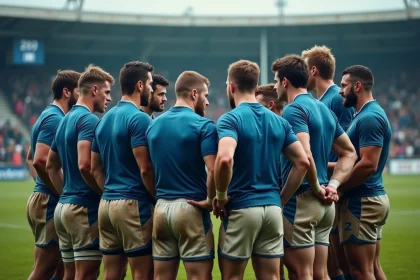 Groupe de joueurs de rugby en mêlée sur le terrain humide