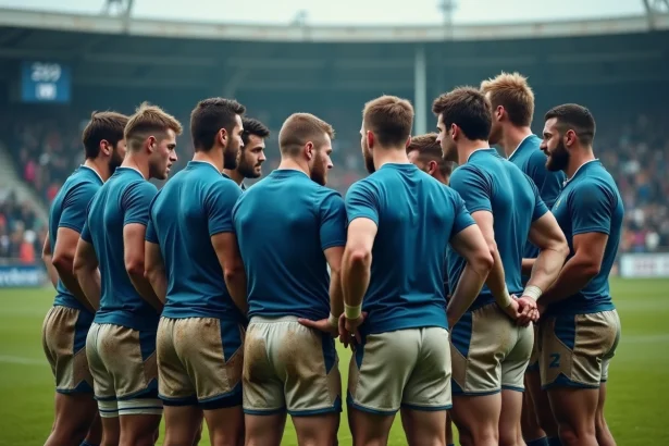 Groupe de joueurs de rugby en mêlée sur le terrain humide