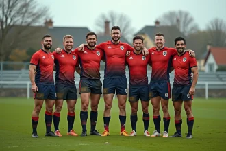 Groupe de joueurs de rugby souriants après match sur le terrain
