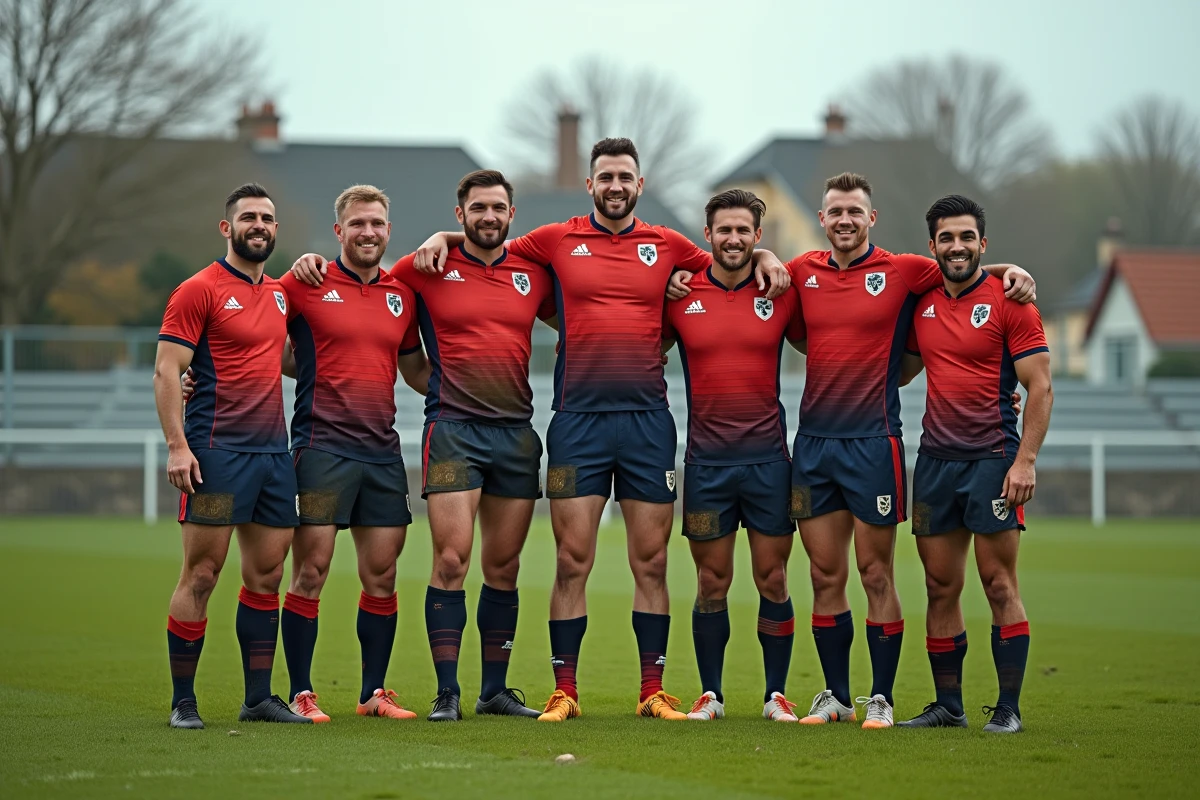 Groupe de joueurs de rugby souriants après match sur le terrain