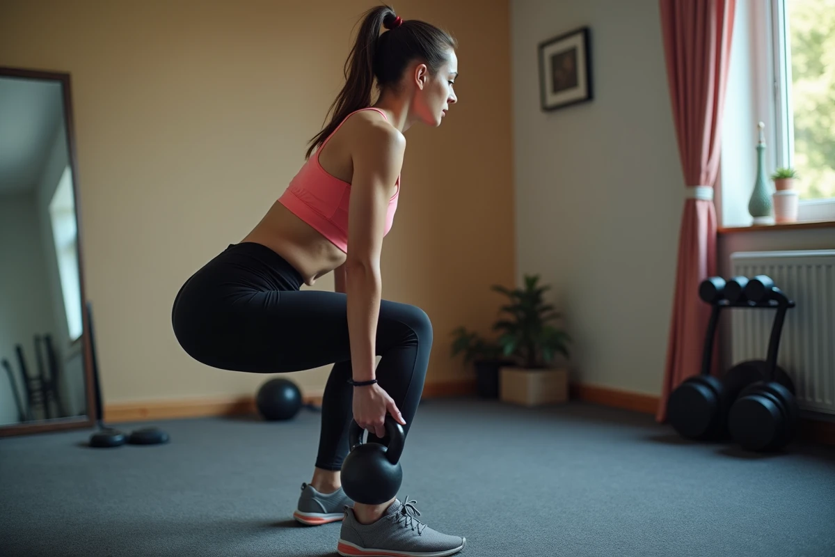 Femme réalisant un goblet squat avec un dos arrondi et un penchement excessif du buste vers l'avant dans une salle de sport à domicile