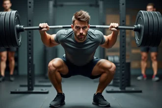 Homme effectuant un squat avec les genoux qui rentrent vers l'intérieur, erreur fréquente de technique à la salle de sport