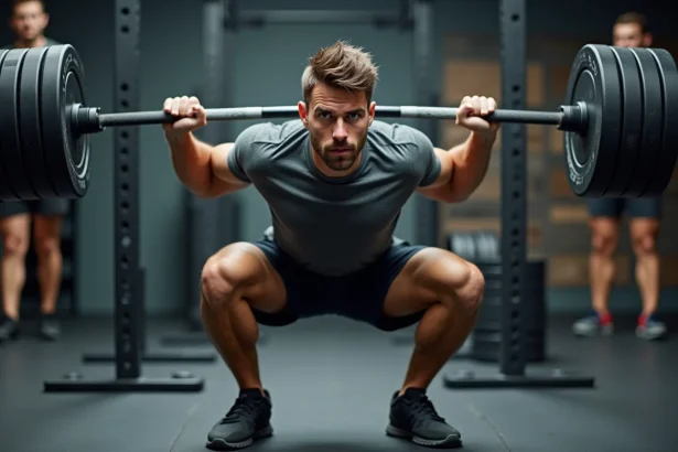 Homme effectuant un squat avec les genoux qui rentrent vers l'intérieur, erreur fréquente de technique à la salle de sport